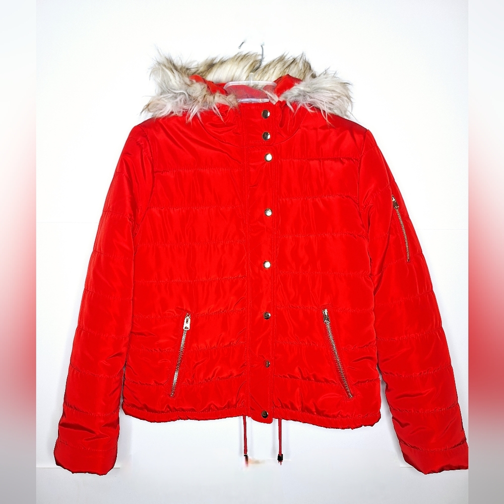Thread & Supply"The Red Hot Winter"Coquette girl,cropped,faux fur puffer coat.